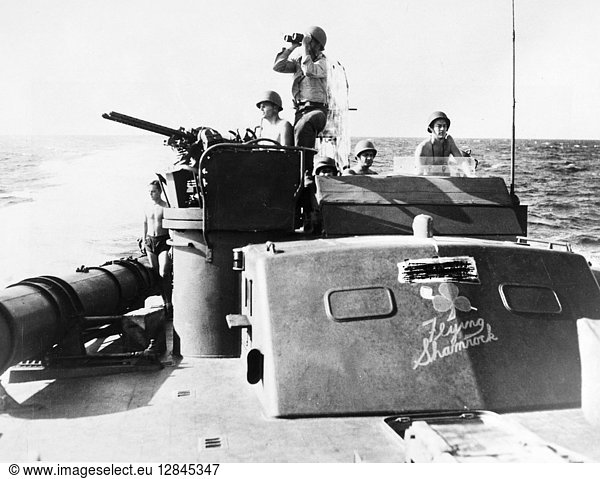 WORLD WAR II: PT BOAT. The 'Flying Shamrock ' a U.S. Navy patrol boat  scouting for Japanese forces in the waters off New Guinea  21 August 1943.
