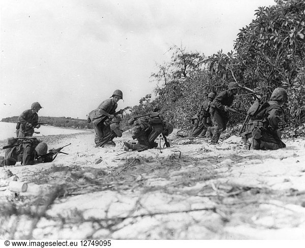 WORLD WAR II: SAIPAN. U.S. Marines under attack on a Saipan beach in the Mariana Islands  July 1944.