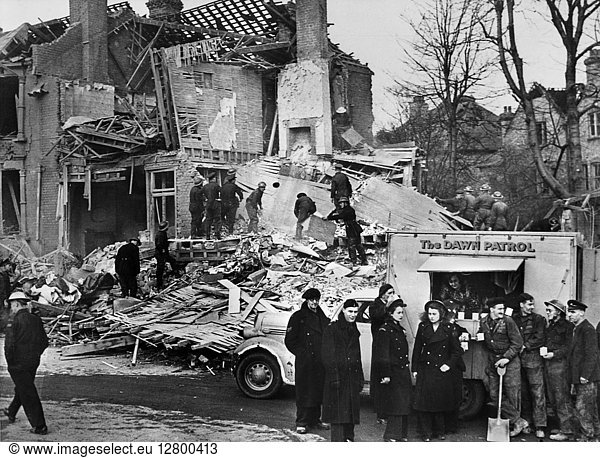 WORLD WAR II: V-2 ATTACK. Scene in southern England in the aftermath of a German V-2 rocket attack during World War II  1944.