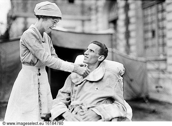 Wounded American Soldier with American Red Cross Nurse  American Military Hospital No. 1  Paris  France  Lewis Wickes Hine  American National Red Cross Photograph Collection  August 1918