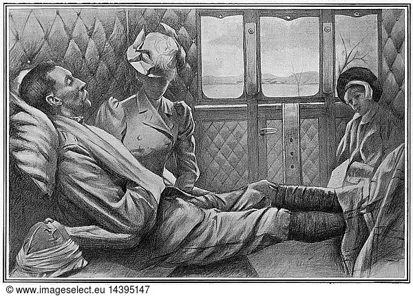 Wounded British officer in railway carriage with his wife and daughter on the last lap of his journey home from South Africa from the 2nd Boer War 1899-1902