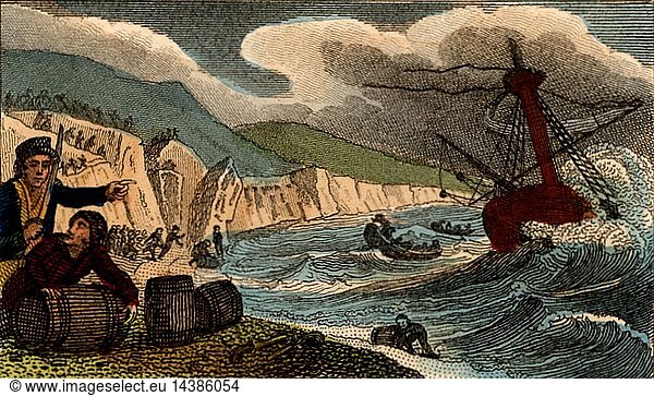 Wreckers in Cornwall  England  collecting anything useful they can from the wreck of a ship they have lured to destruction on the shore. From "Scenes in England" by the Rev. Isaac Taylor  London  1822. Hand-coloured engraving.