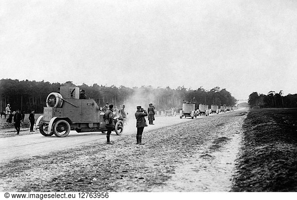 WWI: ARMORED CAR  c1915. Armored cars on maneuvers  possibly in France. Photograph  c1915.