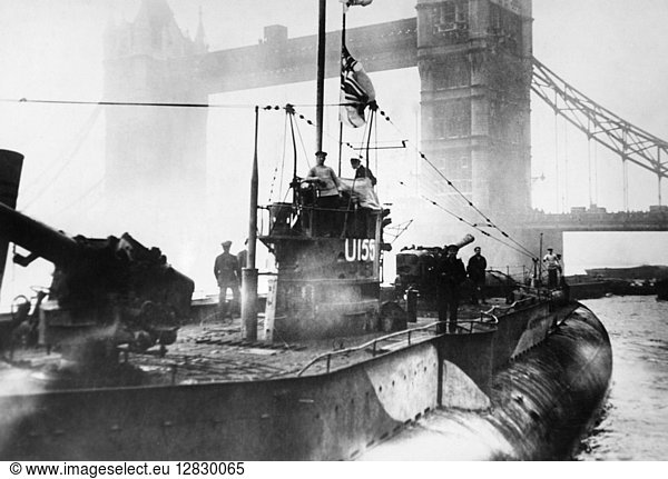 WWI: GERMAN SUBMARINE  1919. The German submarine U-155  surrendered at the end of World War I  being exhibited on the River Thames in London  England. Photograph  9 January 1919.