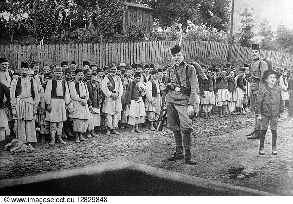 WWI: PRISONERS  c1914. Serbian guerilla fighters taken prisoner at Kreka  Austria-Hungary (now Bosnia and Herzegovina). Photograph  c1914.