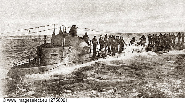 WWI: U-BOAT CAPTURE. The crew of the German U-58  surrendering to the American USS Fanning  17 November 1917.