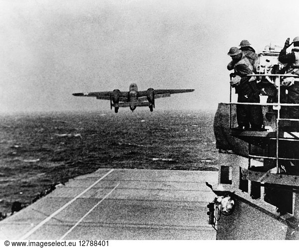 WWII: B-25 BOMBER. A U.S. Army Air Force B-25 Bomber taking off from the deck of the USS Hornet  en route to Japan. Photograph  1942.