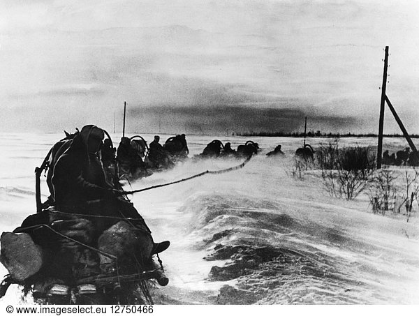 WWII: SOVIET WINTER 1941. German soldiers advancing with horse-drawn sleds through the snow in the Soviet Union during the winter of 1941.