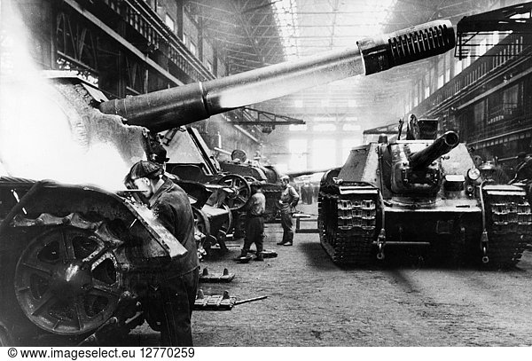 WWII: TANK PRODUCTION. Soviet plant for assembling tanks in the Urals during World War II. Photograph  1939-1945.
