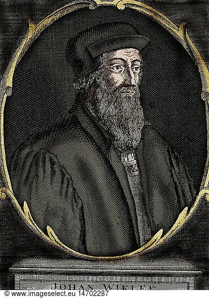 Wyclif  John  1320/1330 - 31.12.1384  engl. Theologe  PortrÃ¤t  Kupferstich  ca. 16. Jahrhundert  nachkoloriert Wyclif, John, 1320/1330 - 31.12.1384, engl. Theologe, PortrÃ¤t, Kupferstich, ca. 16. Jahrhundert, nachkoloriert,