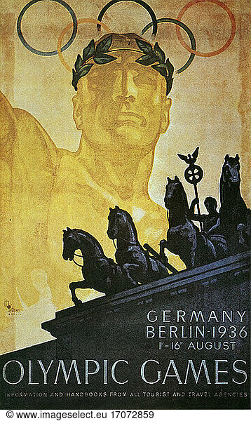 XI Olympic Games  1–16 August 1936 
Berlin. Official Olympic poster  English language version. Colour print.