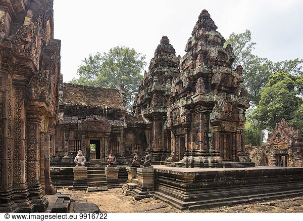 Yaksha-Wächter  affenähnliche Wächterfiguren vor der Mandapa und dem zentralen Prasat  Khmer-Hindu-Tempel Banteay Srei  Angkor  Provinz Siem Reap  Kambodscha  Asien