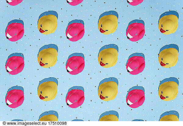 Yellow ducks and pink flamingos bath toys on blue background.