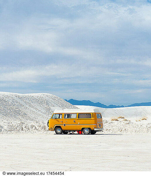 Yellow RV Camper Van In White Sands National Monument  New Mexico