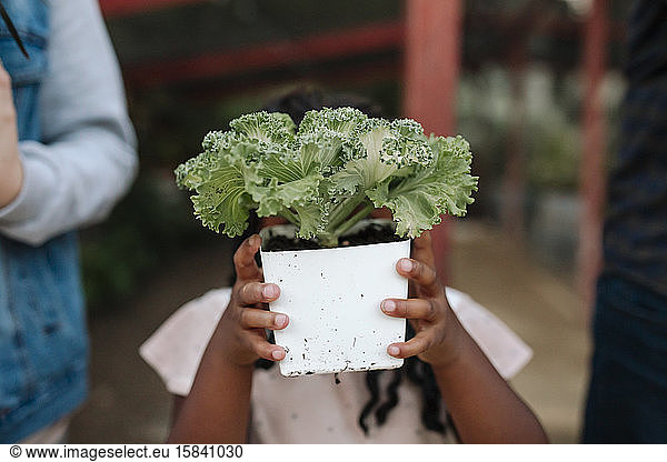 Young black girl holding landscape plant in front of her face