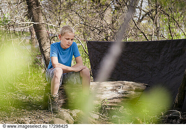 Young blond boy sitting by his fort in the woods.