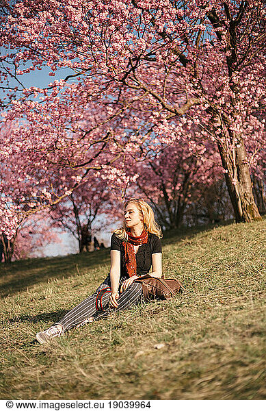 Young blond woman sitting in a park