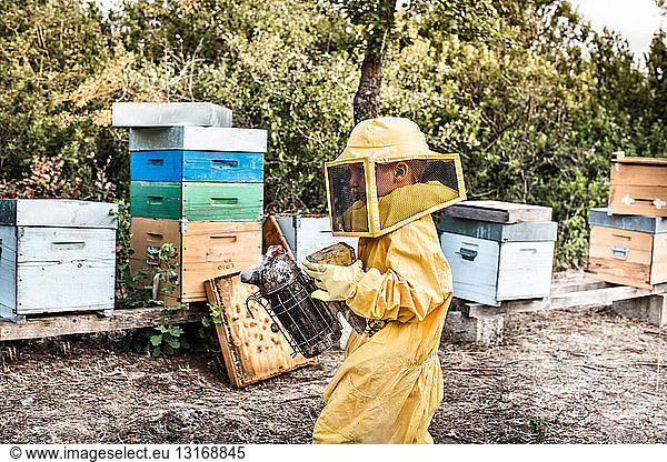 Young boy in beekeeper dress  holding bee smoker