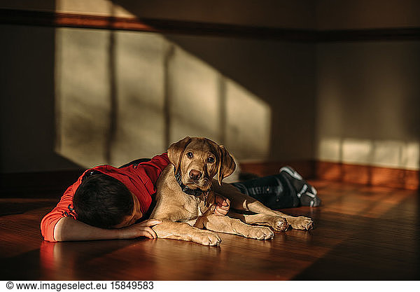 Young boy laying on wood floor with yellow labrador puppy.