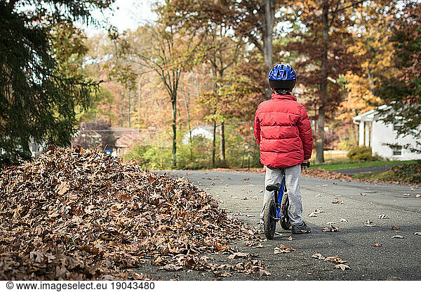 Young boy on balance bike next to a pile of raked leaves in fall.
