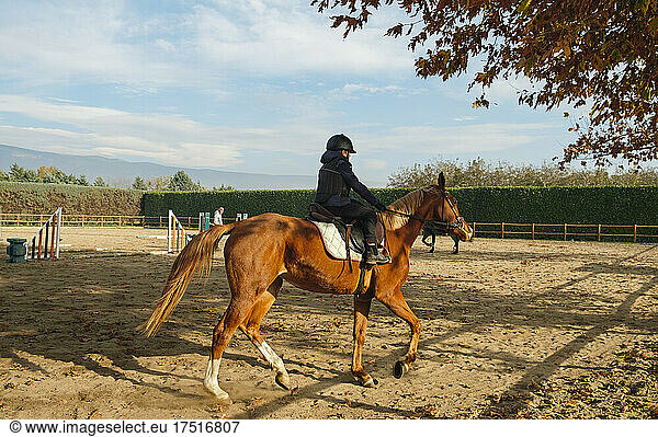 Young boy riding horse at ranch with barriers.