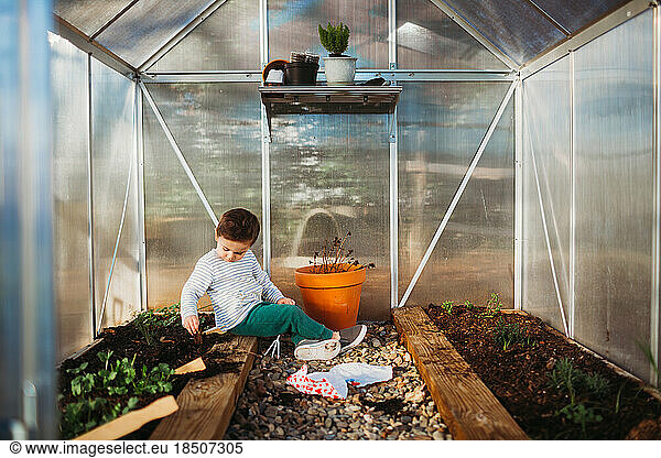Young boy sitting inside back yard green house