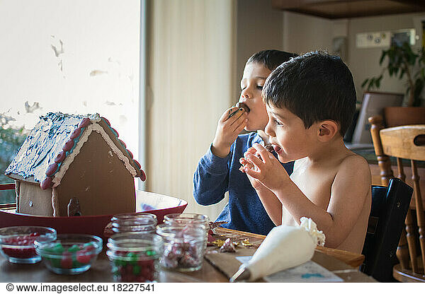 Young boys sampling candy while decorating a gingerbread house.