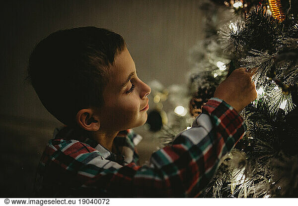Young Caucasian boy with the Christmas Tree