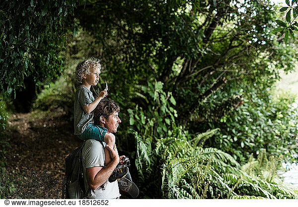 Young child sitting on father's shoulders in a forest