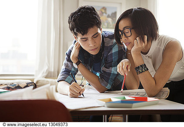 Young couple examining blueprint at home