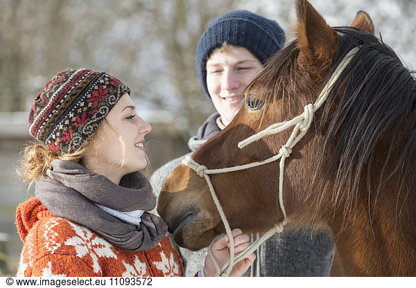 Young couple standing with horse in barn  Bavaria  Germany