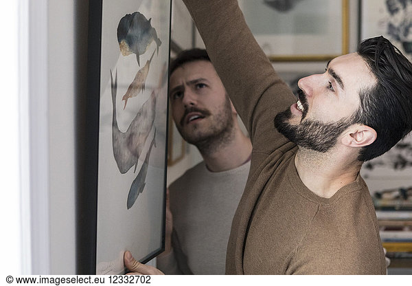Young gay couple hanging painting on wall at home