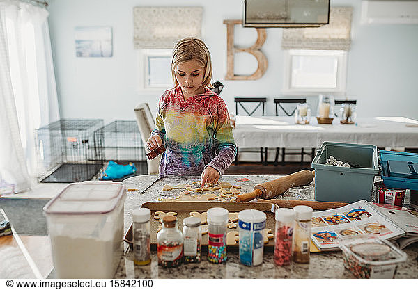 Young girl baking sugar cookies in kitchen