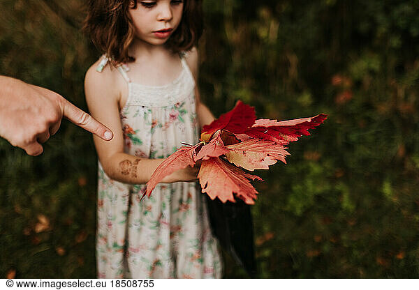 Young girl holds freshly fallen leaves while her mother points at them