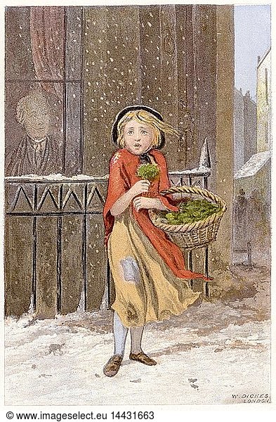 Young girl in rags and wearing a shawl  selling watercress on street in a corner in a snowstorm. Chromolithograph London c1880