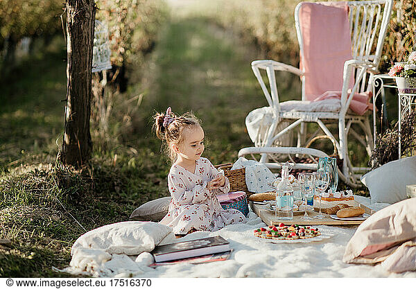 Young girl sitting in front of a cake on a picnic.