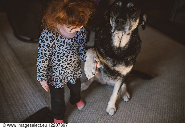 Young girl standing beside pet dog  holding dog's paw