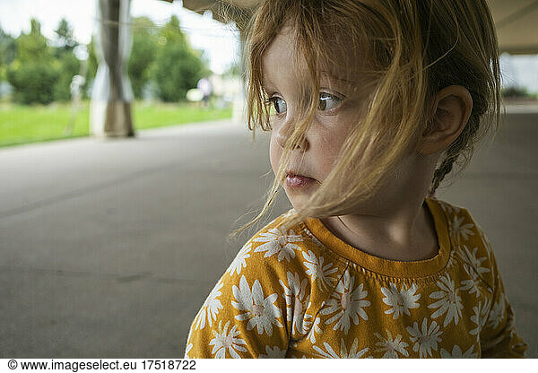 Young girl with hair blowing in the wind