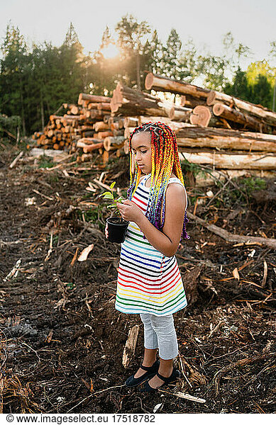 young girl with rainbow braids holds sapling on logging site