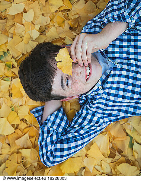 Young happy boy laying on a carpet of yellow leaves on autumn day.