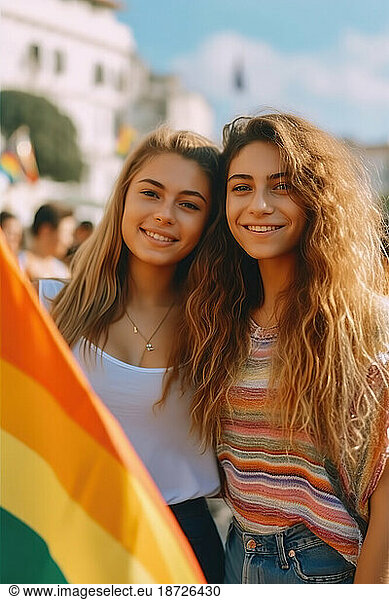 young lesbian couple with flag at gay pride. Generative AI