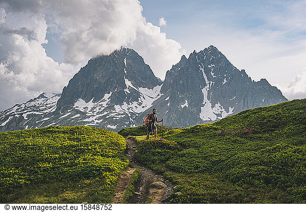 Young male hikes to Aiguillette des Posettes  French Alps  Chamonix.