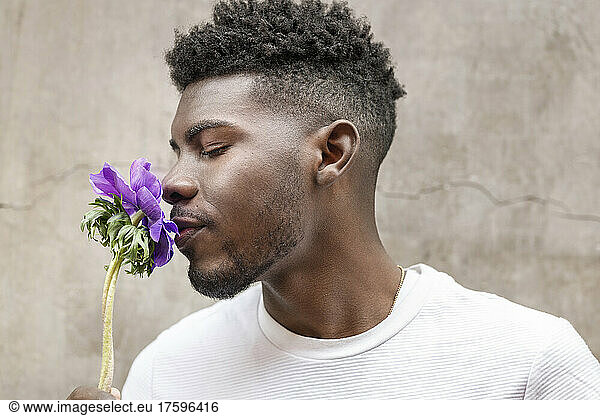 Young man smelling purple flower in front of wall