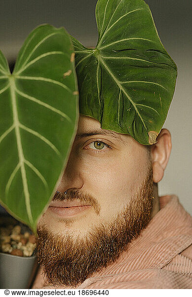 Young man with beard by plant leaf