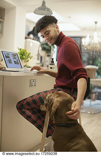 Young man working from home at laptop and petting dog in kitchen