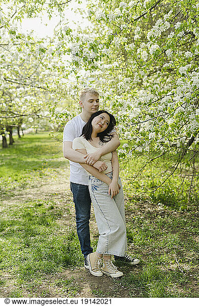 Young romantic couple embracing by tree in bloom at park