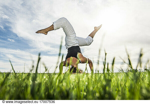 Young sportswoman practicing cartwheel on grass in park
