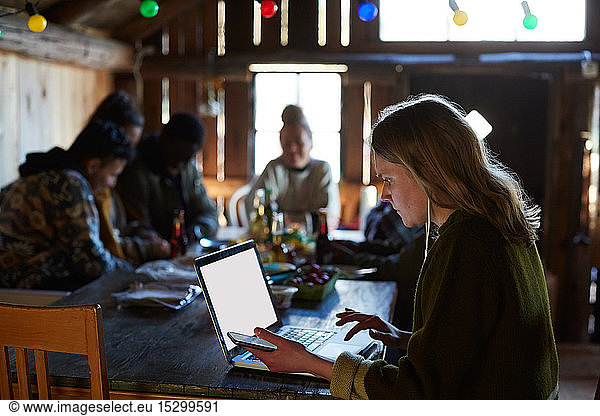 Young woman using laptop on table while friends talking in background at log cabin