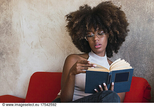 Young woman with afro hairstyle reading book at home
