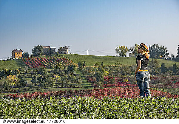 Young woman with blonde hair wearing a hat looking at a hill covered by red vineyards in autumn  Emilia Romagna  Italy  Europe